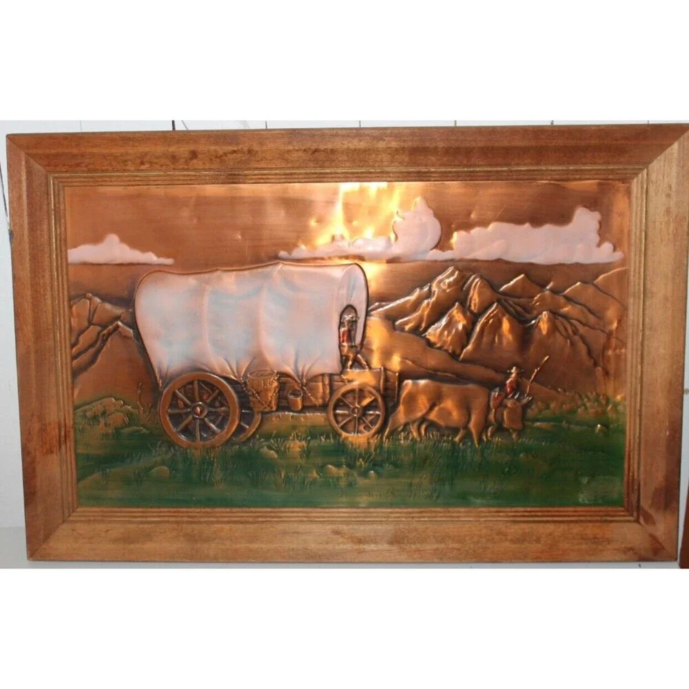 Vintage Covered Wagon Wall Art Copper Relief Ox Mountains Western